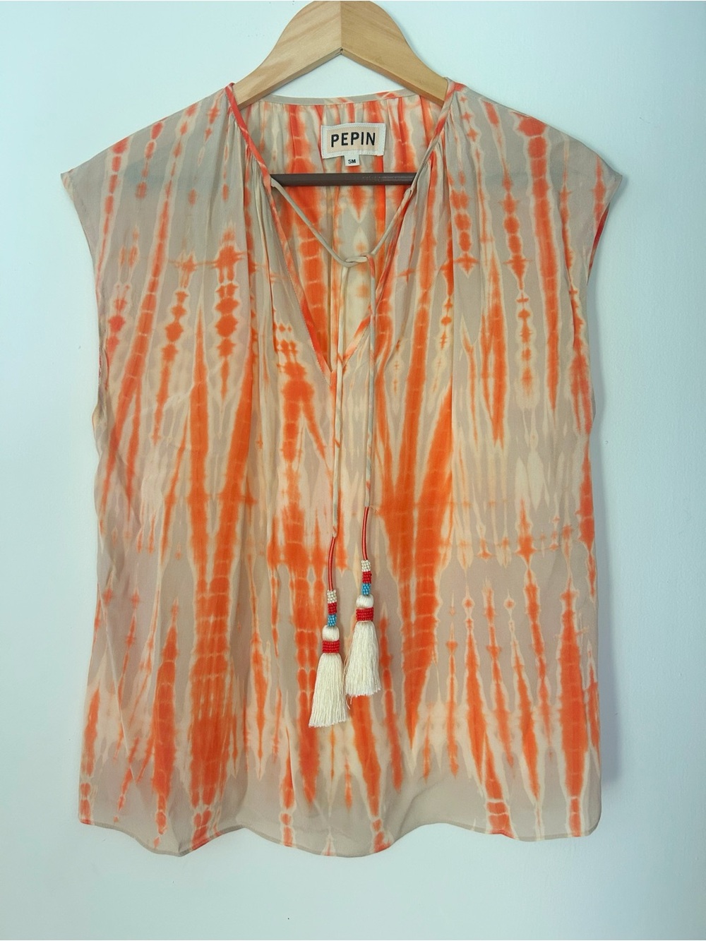 Pepin Orange and Cream Tie-Dye Tassel V-Neck Blouse